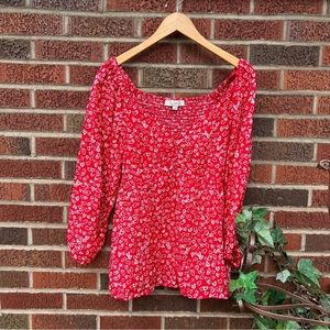 LOFT Red and White Heart Patterned Sweetheart Cut Balloon Sleeve Chiffon Top
